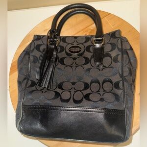 Coach Mini Tanner Black Signature Canvas Tote with Leather Tassel